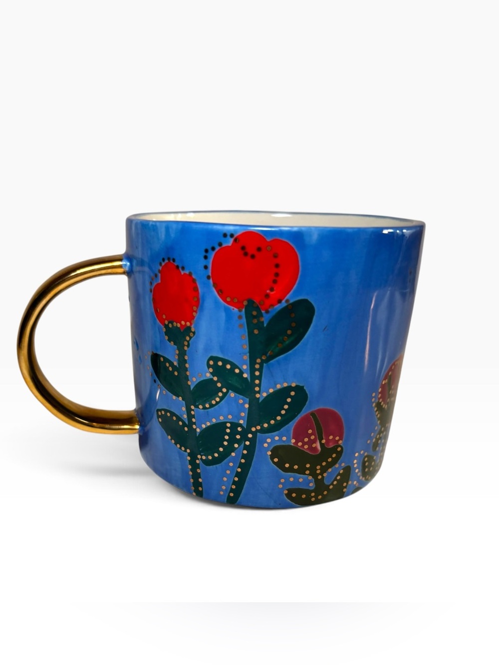 Anthropologie Francesca Kaye Floral Mug Blue Gold Handle Ceramic Coffee Cup